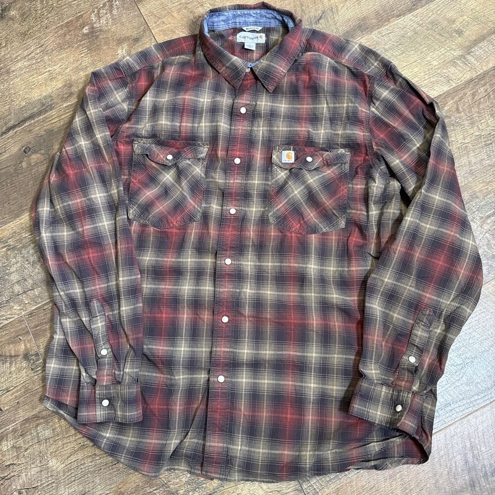 Pearl Snap Carhartt Shirt Men's XL Red Brown Plaid Long Sleeve Western Work Wear
